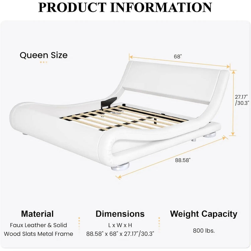 Queen Modern White Upholstered Platform Bed Frame with Sleigh Curved Headboard by HomePacific