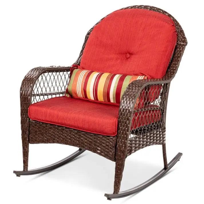 Outdoor Patio Brown Wicker Rocking Chair with Red Cushions and Accent Pillow by HomePacific