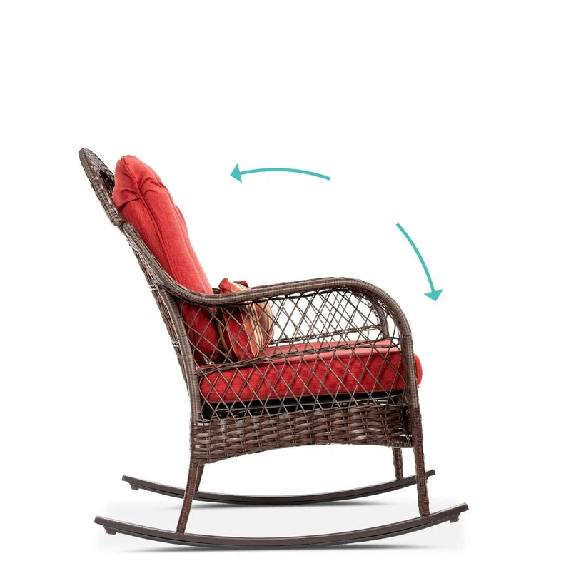 Outdoor Patio Brown Wicker Rocking Chair with Red Cushions and Accent Pillow by HomePacific