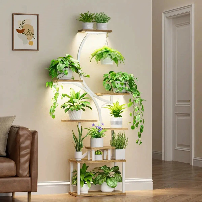 Indoor Plant Stand with White Metal Frame and Wood Finish Shelves by HomePacific