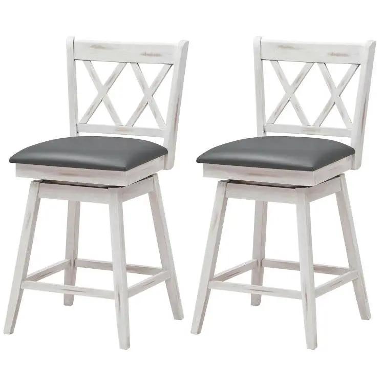 Set of 2 White Wood 24-in Counter Height Farmhouse Swivel Cushion Seat Barstools by HomePacific