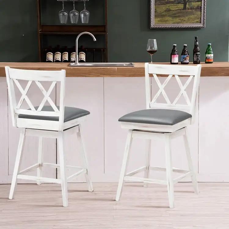 Set of 2 White Wood 24-in Counter Height Farmhouse Swivel Cushion Seat Barstools by HomePacific