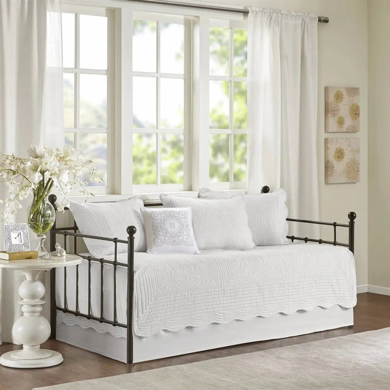 6-Piece Farmhouse White Daybed Cover Bedding Set with Scalloped Edges by HomePacific