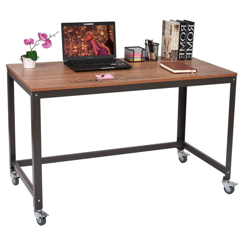 Industrial Modern Steel Frame Wood Top Computer Desk with Locking Wheels by HomePacific