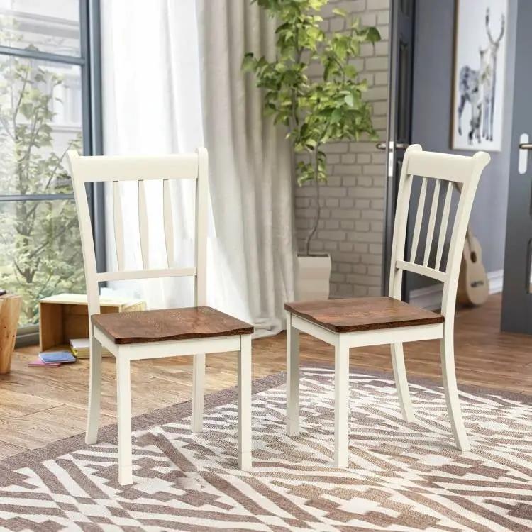 Set of 2 Solid Wood White Mission Style Armless Dining Chair with Brown Seat by HomePacific