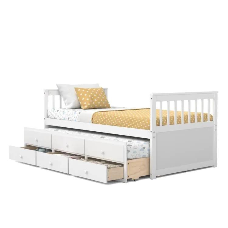 Twin Captains Bed with Pull Out Trundle and Storage Drawers in White Wood Finish by HomePacific