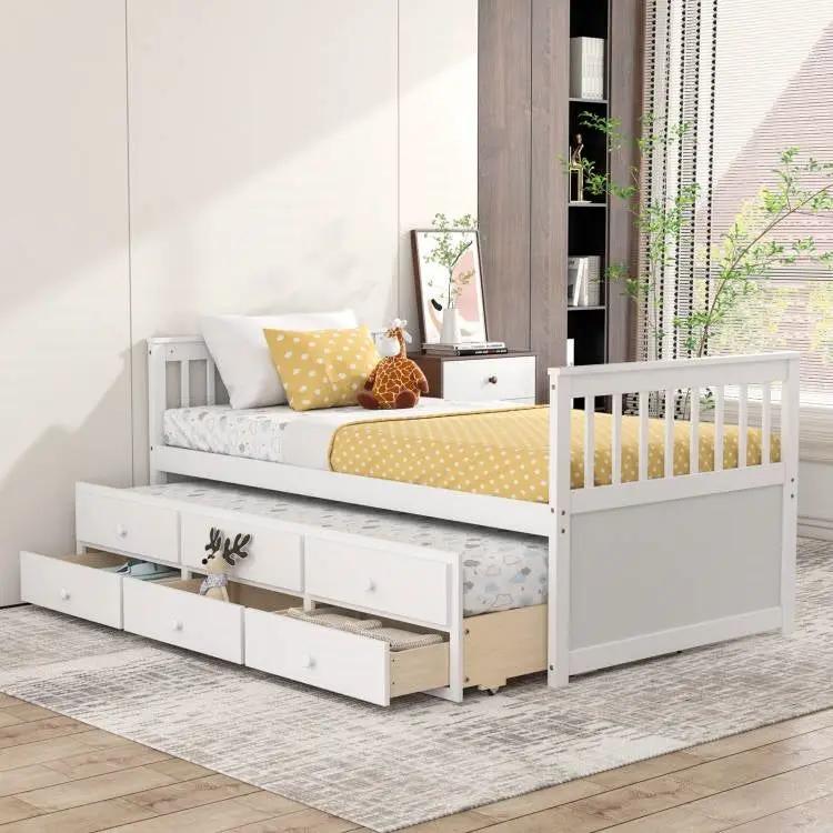 Twin Captains Bed with Pull Out Trundle and Storage Drawers in White Wood Finish by HomePacific