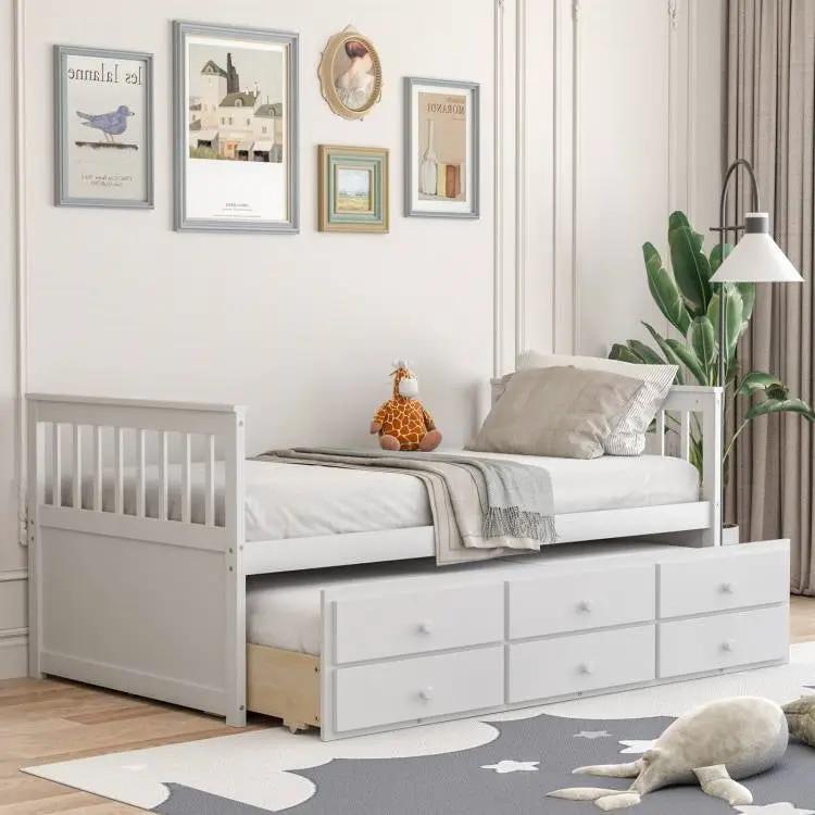 Twin Captains Bed with Pull Out Trundle and Storage Drawers in White Wood Finish by HomePacific