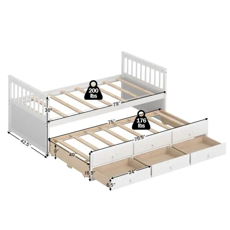 Twin Captains Bed with Pull Out Trundle and Storage Drawers in White Wood Finish by HomePacific