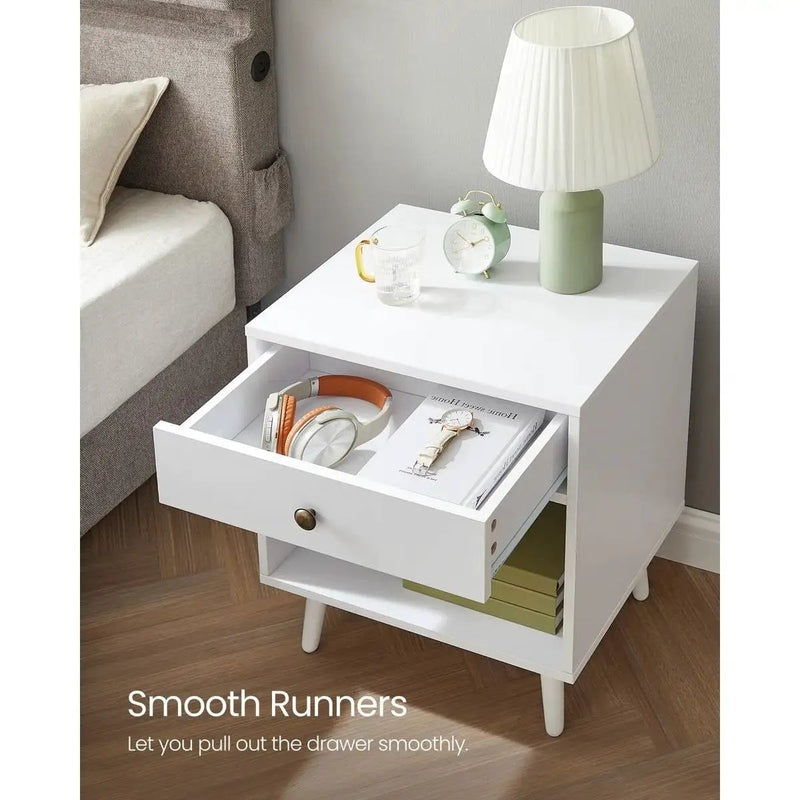 Mid-Century Modern Bedroom 1-Drawer Nightstand End Table in White Wood Finish by HomePacific