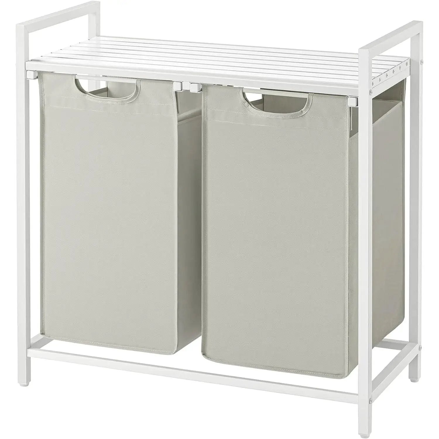 2-Basket Laundry Hamper Sorter White Frame Removable Bags and Top Storage Shelf by HomePacific