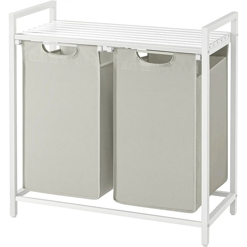 2-Basket Laundry Hamper Sorter White Frame Removable Bags and Top Storage Shelf by HomePacific