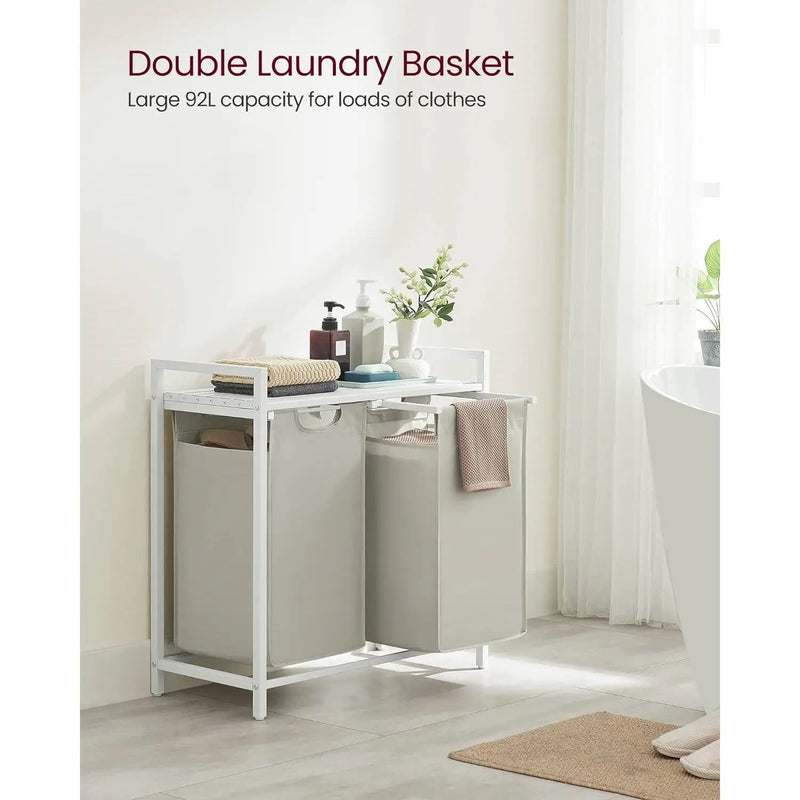 2-Basket Laundry Hamper Sorter White Frame Removable Bags and Top Storage Shelf by HomePacific