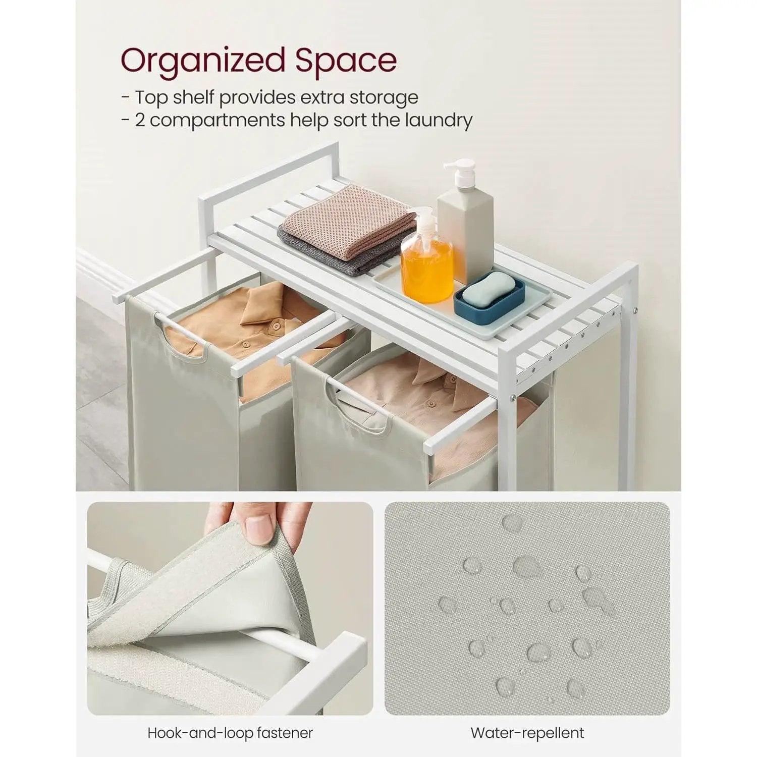 2-Basket Laundry Hamper Sorter White Frame Removable Bags and Top Storage Shelf by HomePacific