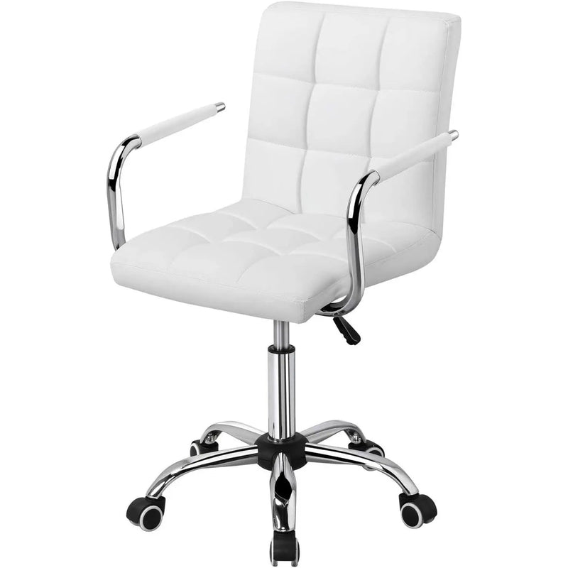 White Modern Faux Leather Mid-Back Swivel Office Chair with Armrests and Wheels by HomePacific