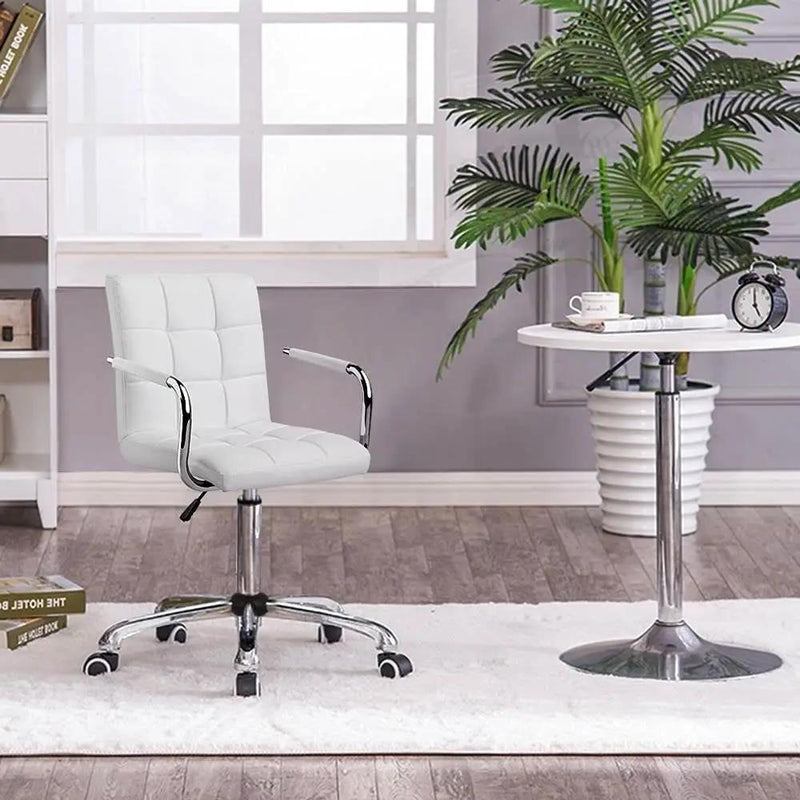 White Modern Faux Leather Mid-Back Swivel Office Chair with Armrests and Wheels by HomePacific
