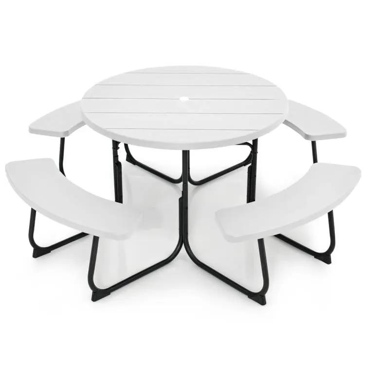 White Outdoor Metal and HDPE Picnic Table Bench Set with Umbrella Hole - Seats 8 by HomePacific
