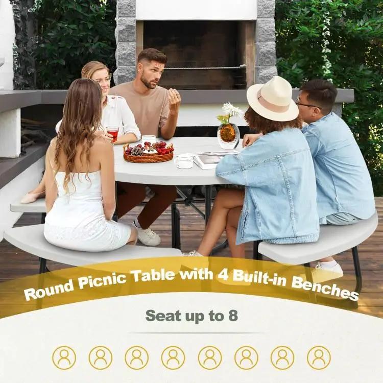 White Outdoor Metal and HDPE Picnic Table Bench Set with Umbrella Hole - Seats 8 by HomePacific