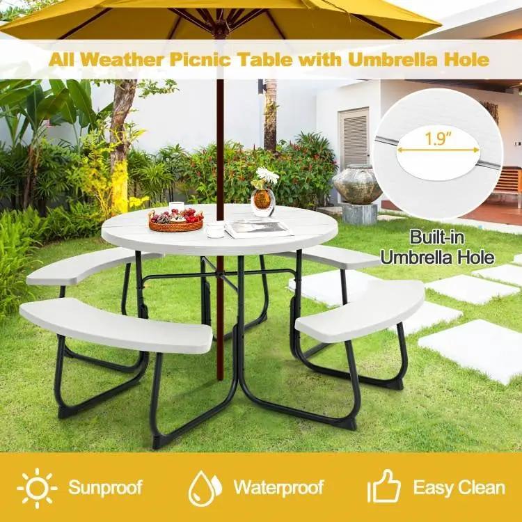 White Outdoor Metal and HDPE Picnic Table Bench Set with Umbrella Hole - Seats 8 by HomePacific
