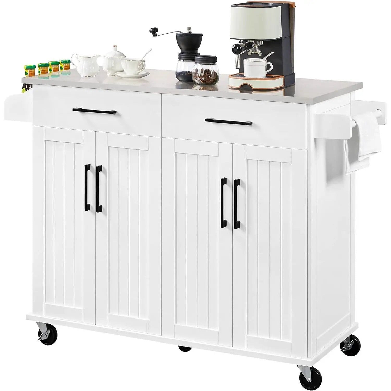 White Kitchen Cart Island with Stainless Steel Top 2 Drawers and Cabinet by HomePacific