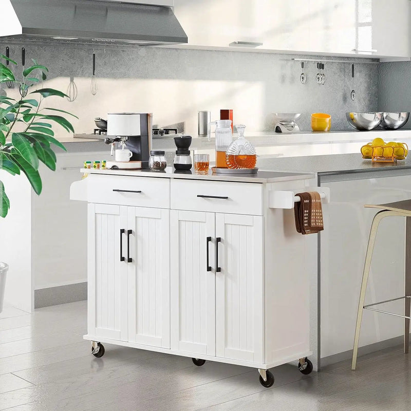 White Kitchen Cart Island with Stainless Steel Top 2 Drawers and Cabinet by HomePacific