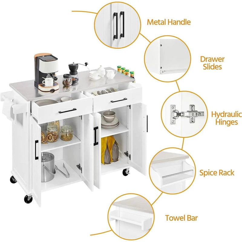 White Kitchen Cart Island with Stainless Steel Top 2 Drawers and Cabinet by HomePacific