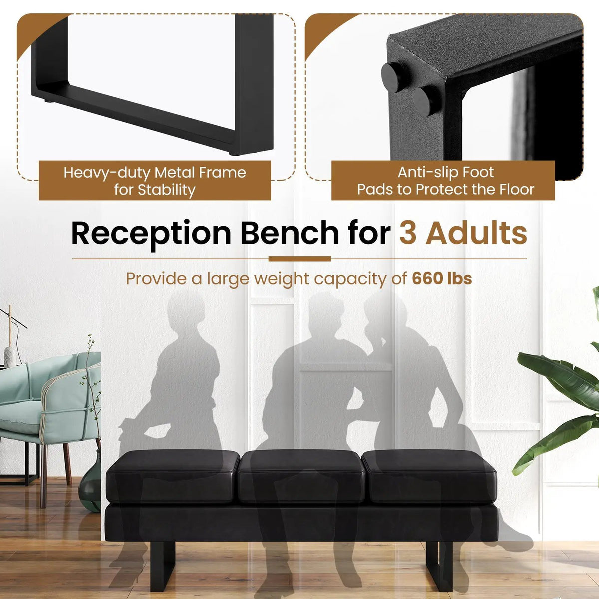 Waiting Room Bench Seating Long Bench with Metal Frame Leg, photo 11 of 16