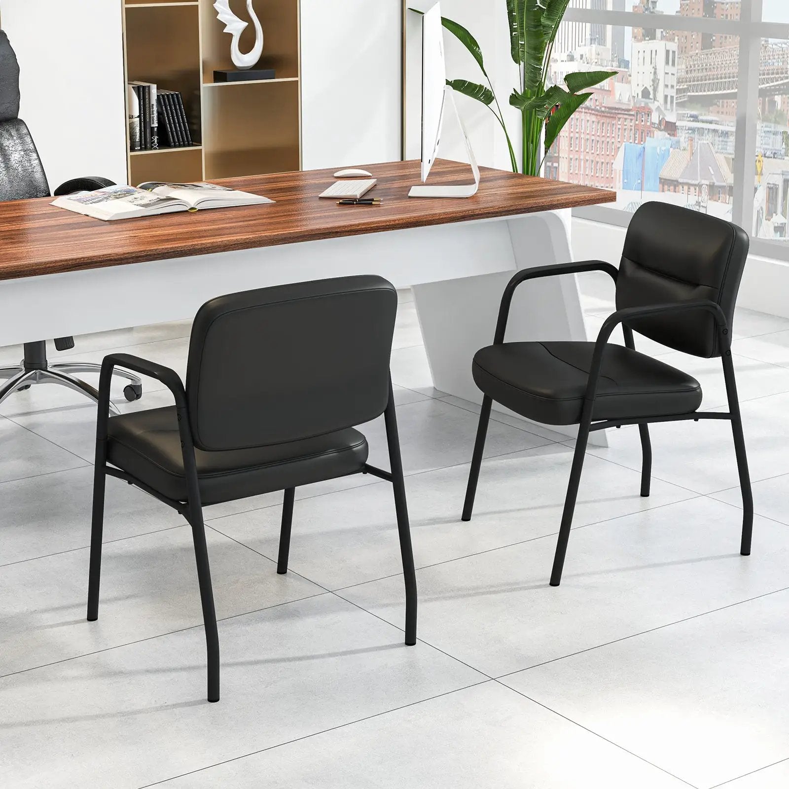 Waiting Room Guest Chair Set of 2 with Mixed PU Leather and Integrated Armrests-Black by DirectDeals