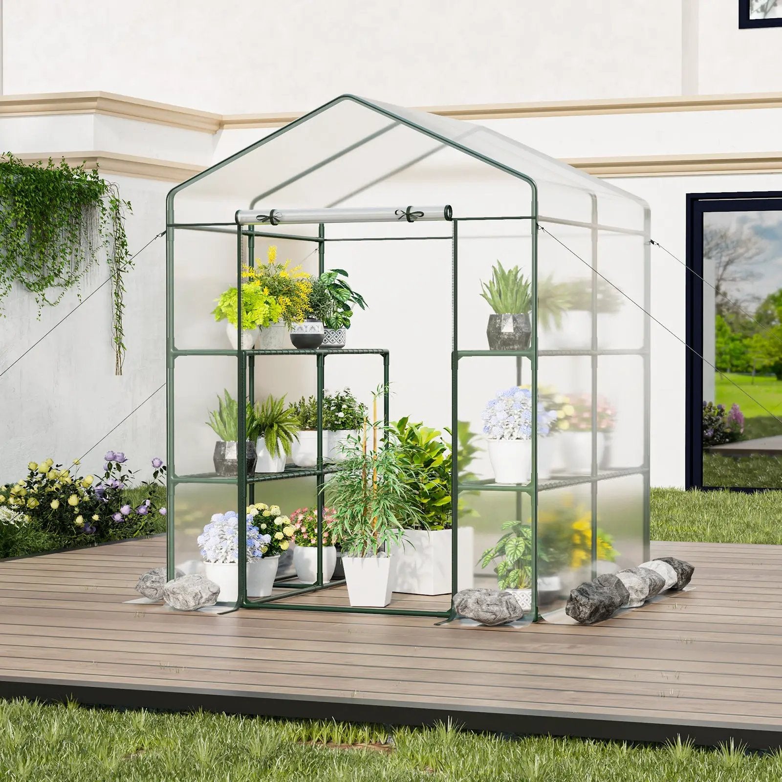 Walk-in Greenhouse with 3 Tiers 8 Shelves PVC Cover Roll-up Zippered Door by DirectDeals