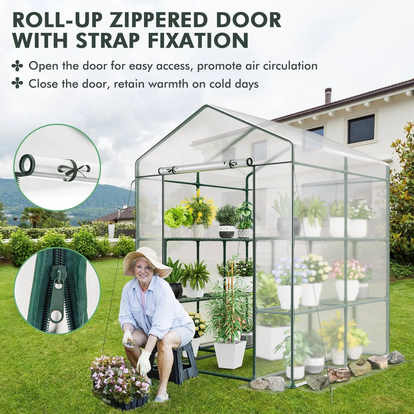 Walk-in Greenhouse with 3 Tiers 8 Shelves PVC Cover Roll-up Zippered Door by DirectDeals