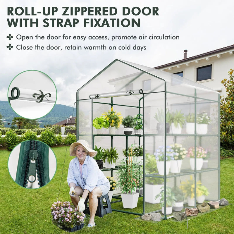 Walk-in Greenhouse with 3 Tiers 8 Shelves PVC Cover Roll-up Zippered Door by DirectDeals