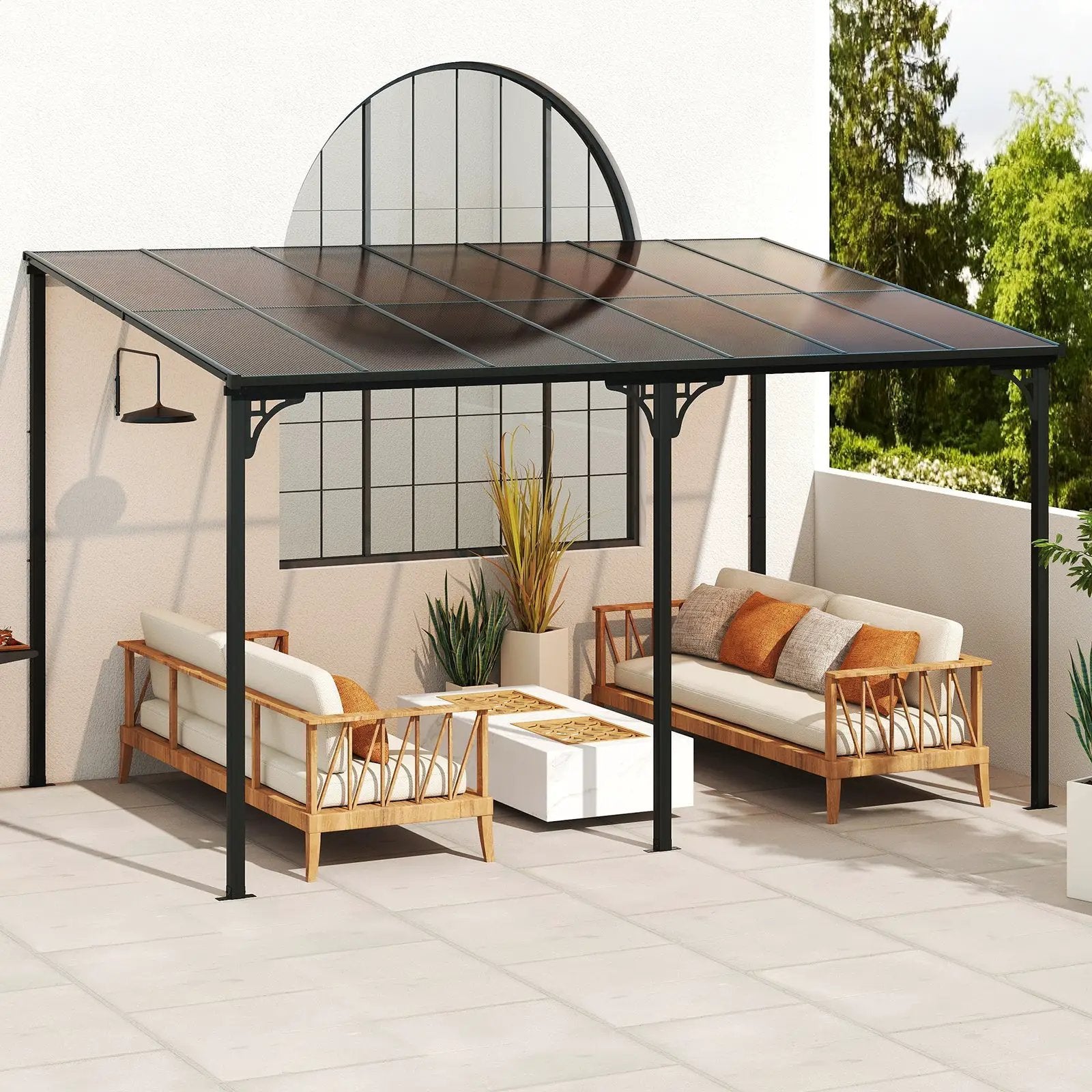 Wall-Mounted Patio Gazebo Large Outdoor Hardtop Pergola with Sloped Polycarbonate Roof-Black by DirectDeals