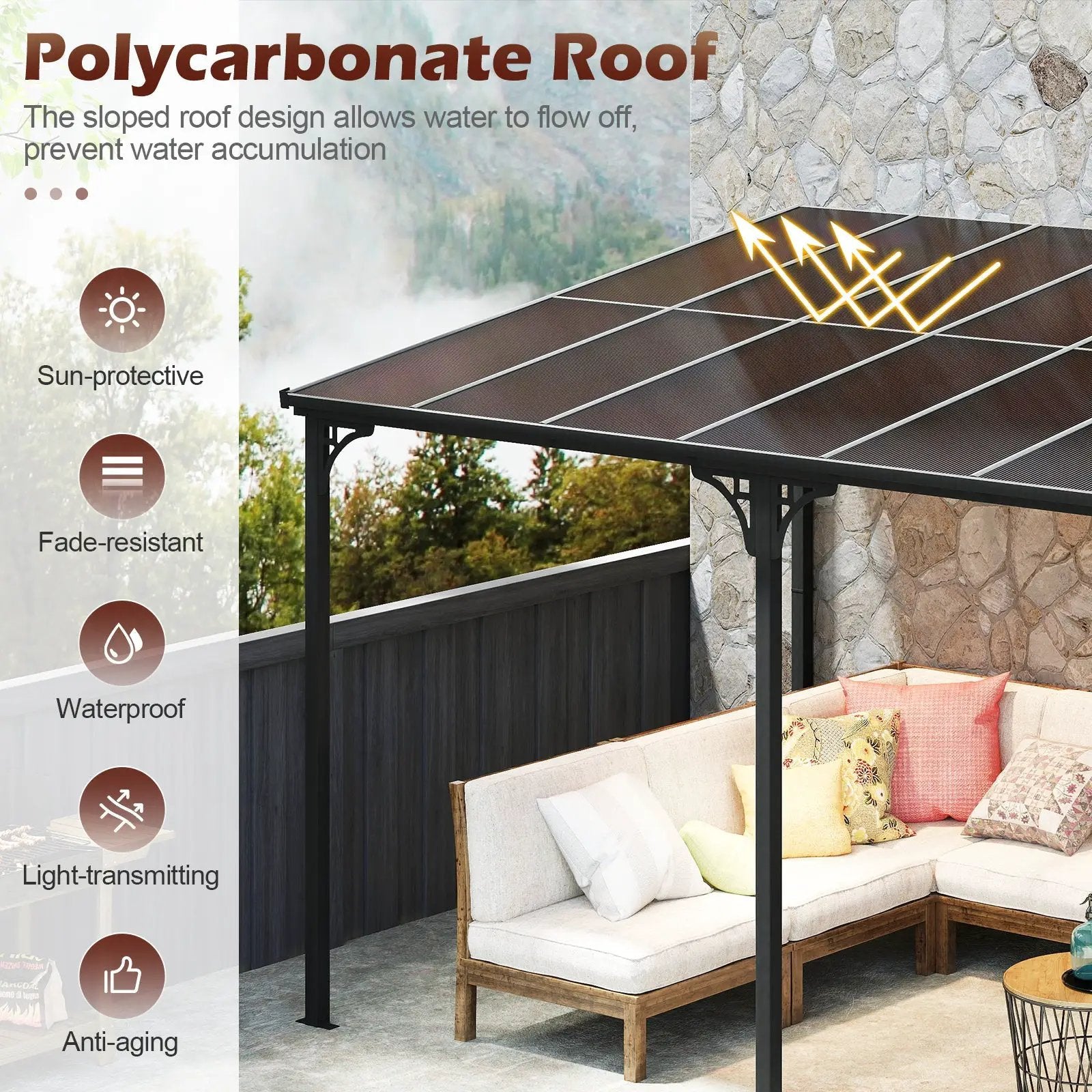 Wall-Mounted Patio Gazebo Large Outdoor Hardtop Pergola with Sloped Polycarbonate Roof-Black by DirectDeals