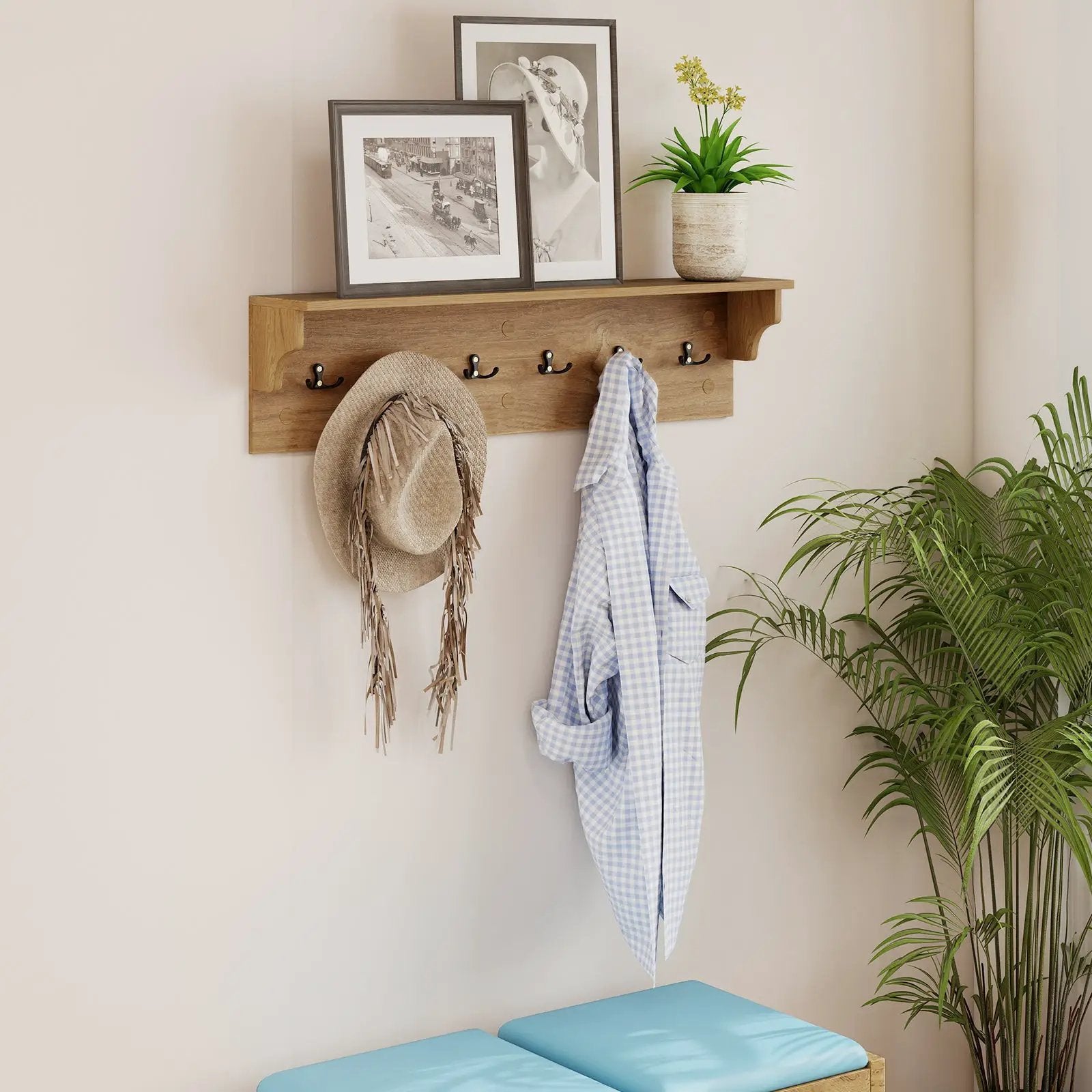 Wall Hooks with Shelf 31.5inch Wooden Coat Rack with 6 Hooks for Hats Towels Purses Robes by DirectDeals