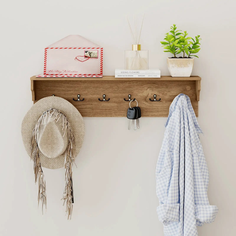 Wall Hooks with Shelf 31.5inch Wooden Coat Rack with 6 Hooks for Hats Towels Purses Robes by DirectDeals