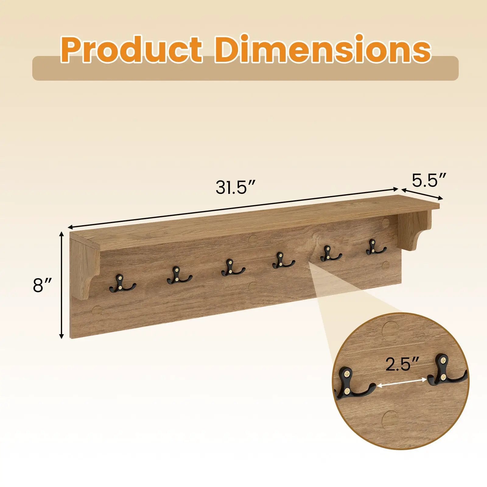 Wall Hooks with Shelf 31.5inch Wooden Coat Rack with 6 Hooks for Hats Towels Purses Robes by DirectDeals