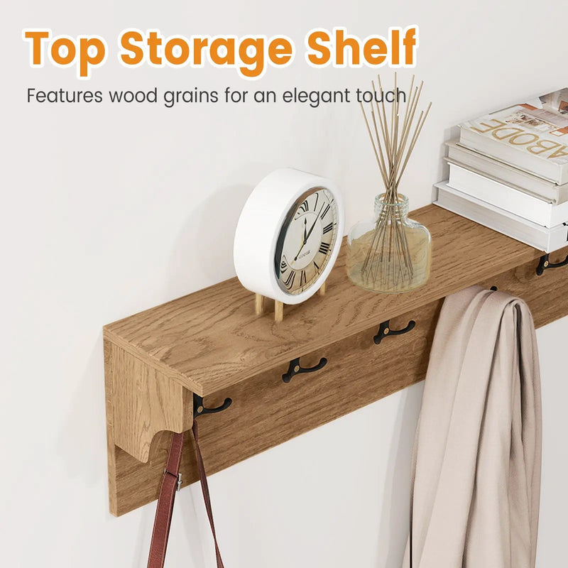 Wall Hooks with Shelf 31.5inch Wooden Coat Rack with 6 Hooks for Hats Towels Purses Robes by DirectDeals