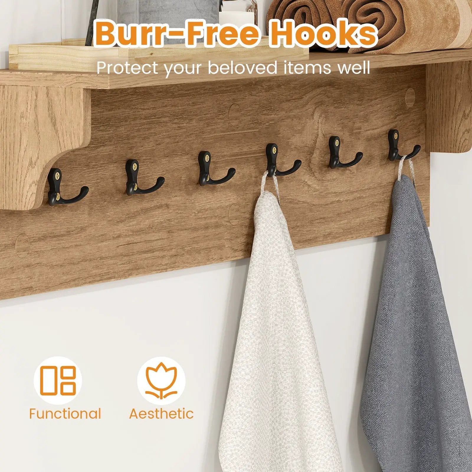 Wall Hooks with Shelf 31.5inch Wooden Coat Rack with 6 Hooks for Hats Towels Purses Robes by DirectDeals