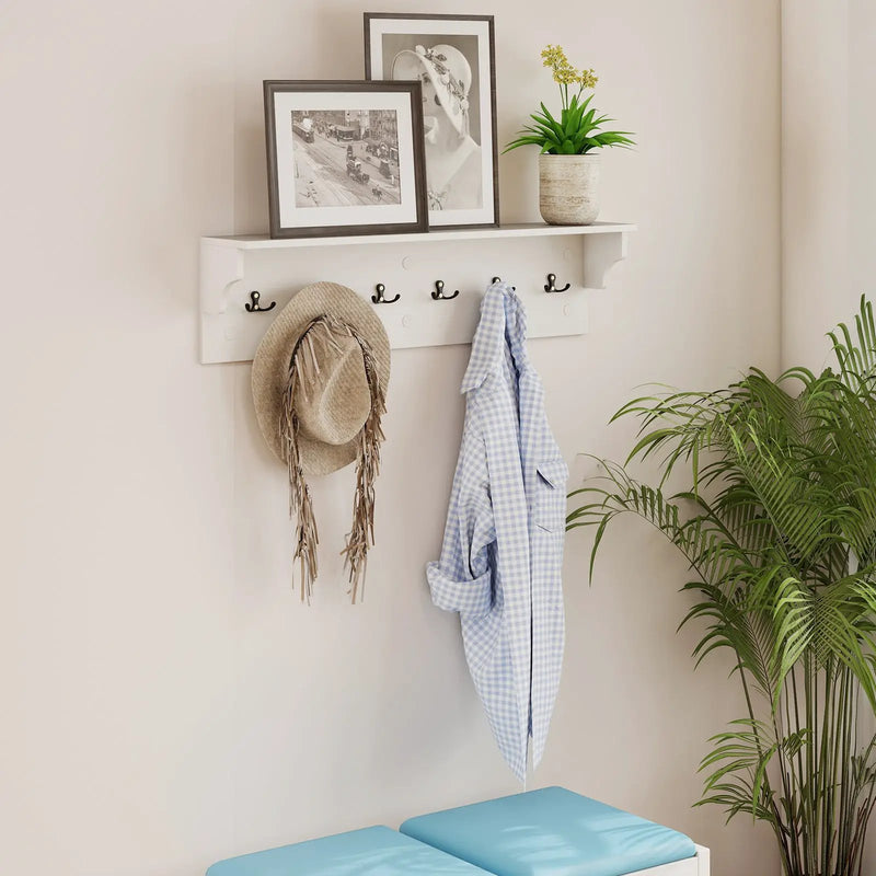 Wall Hooks with Shelf 31.5inch Wooden Coat Rack with 6 Hooks for Hats Towels Purses Robes by DirectDeals