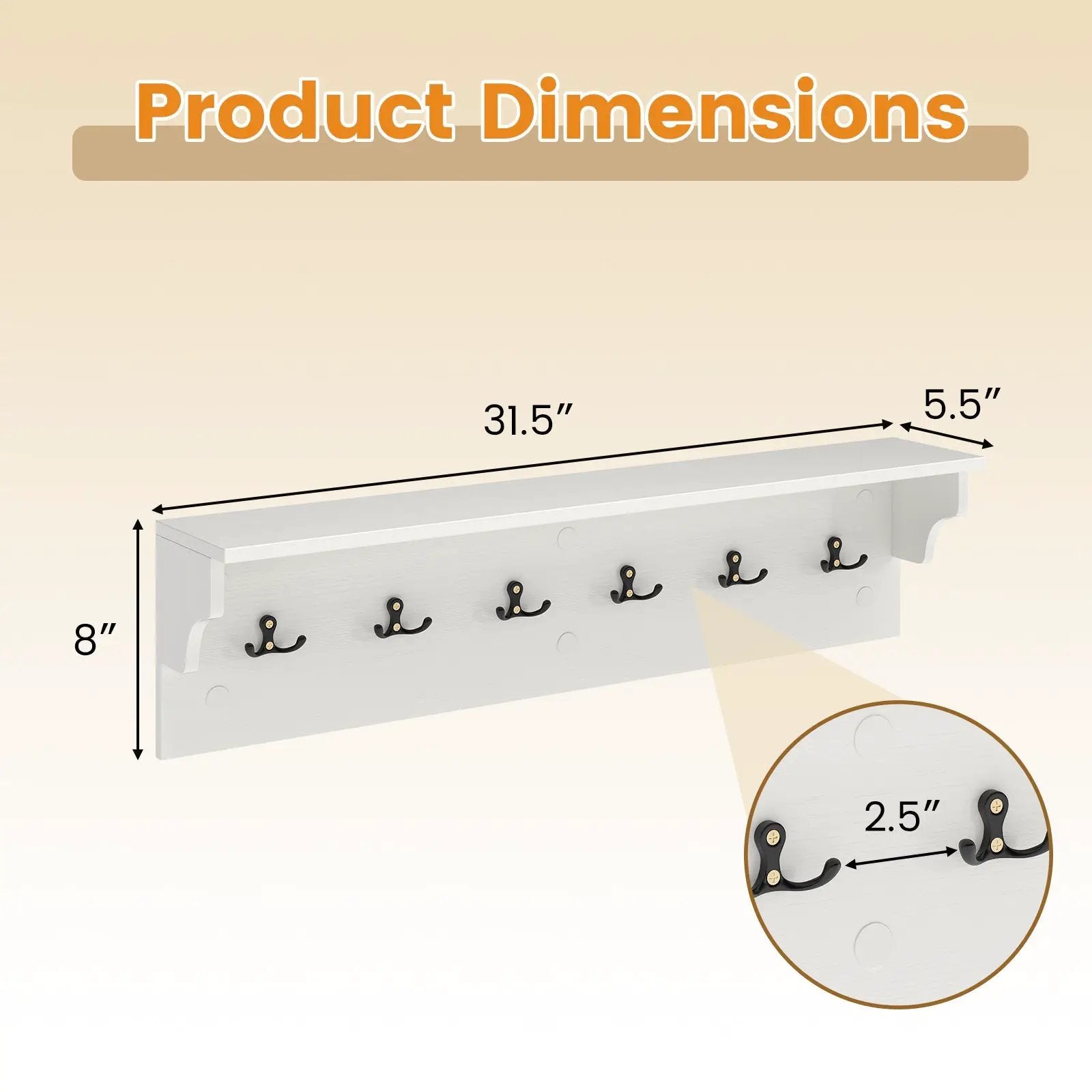 Wall Hooks with Shelf 31.5inch Wooden Coat Rack with 6 Hooks for Hats Towels Purses Robes by DirectDeals
