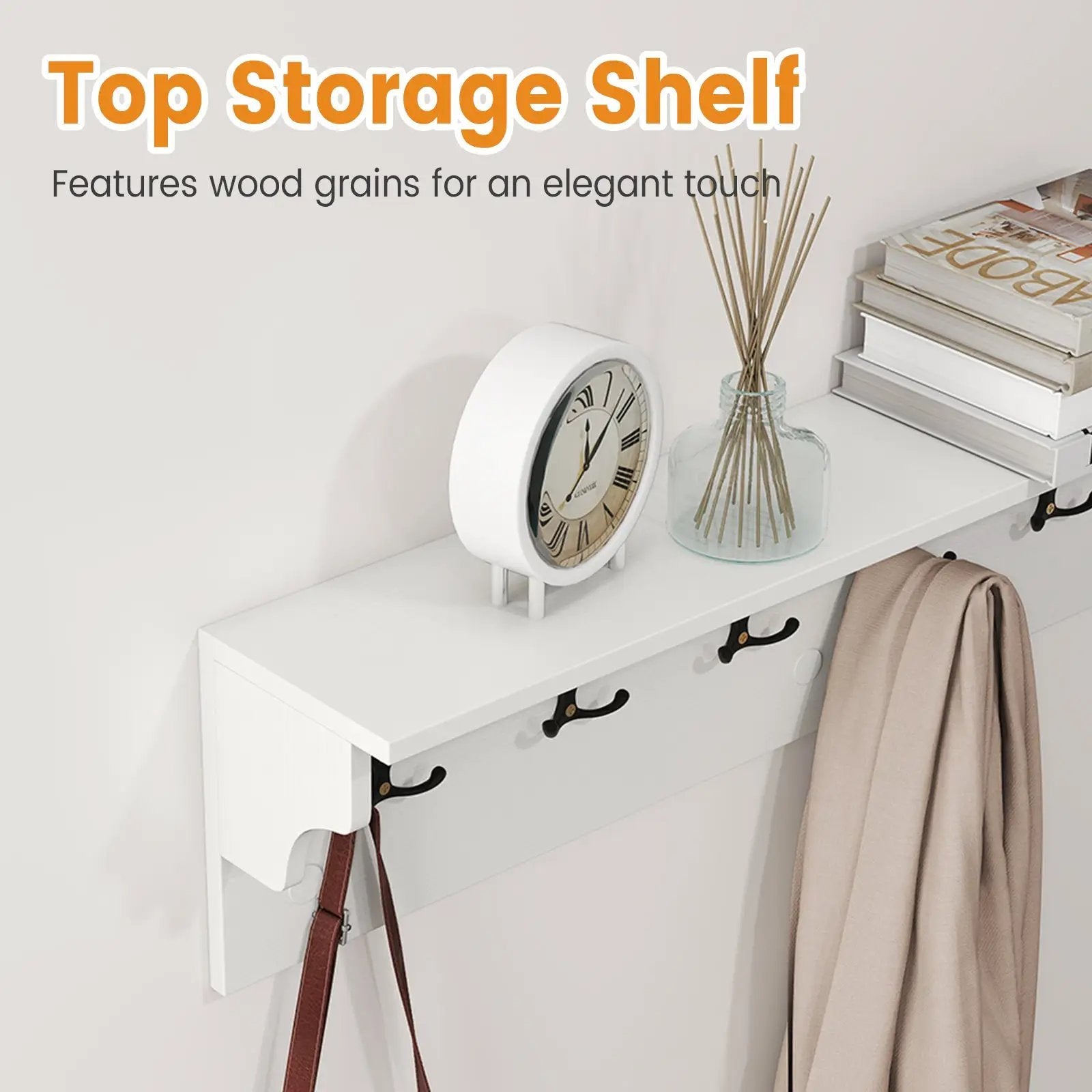 Wall Hooks with Shelf 31.5inch Wooden Coat Rack with 6 Hooks for Hats Towels Purses Robes by DirectDeals