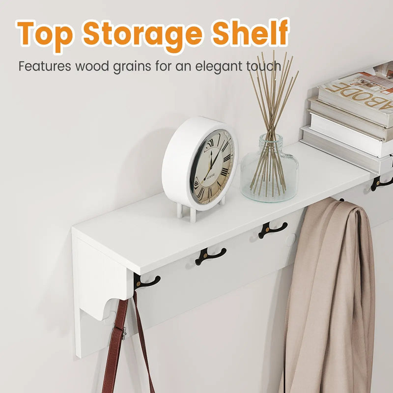 Wall Hooks with Shelf 31.5inch Wooden Coat Rack with 6 Hooks for Hats Towels Purses Robes by DirectDeals