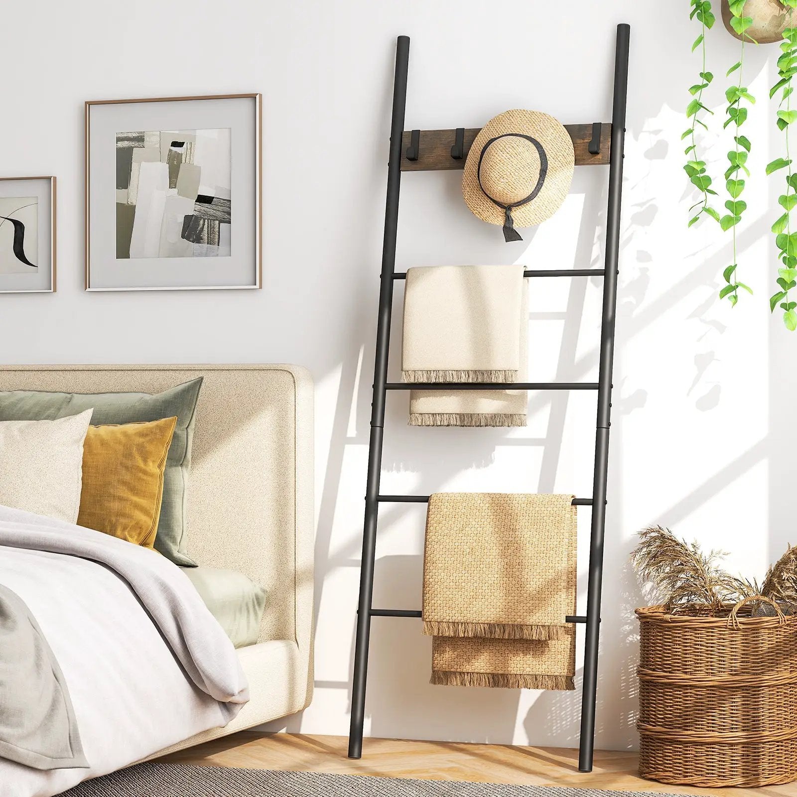 Wall-Leaning Decorative Blanket Holder with 5 Removable Hooks by DirectDeals