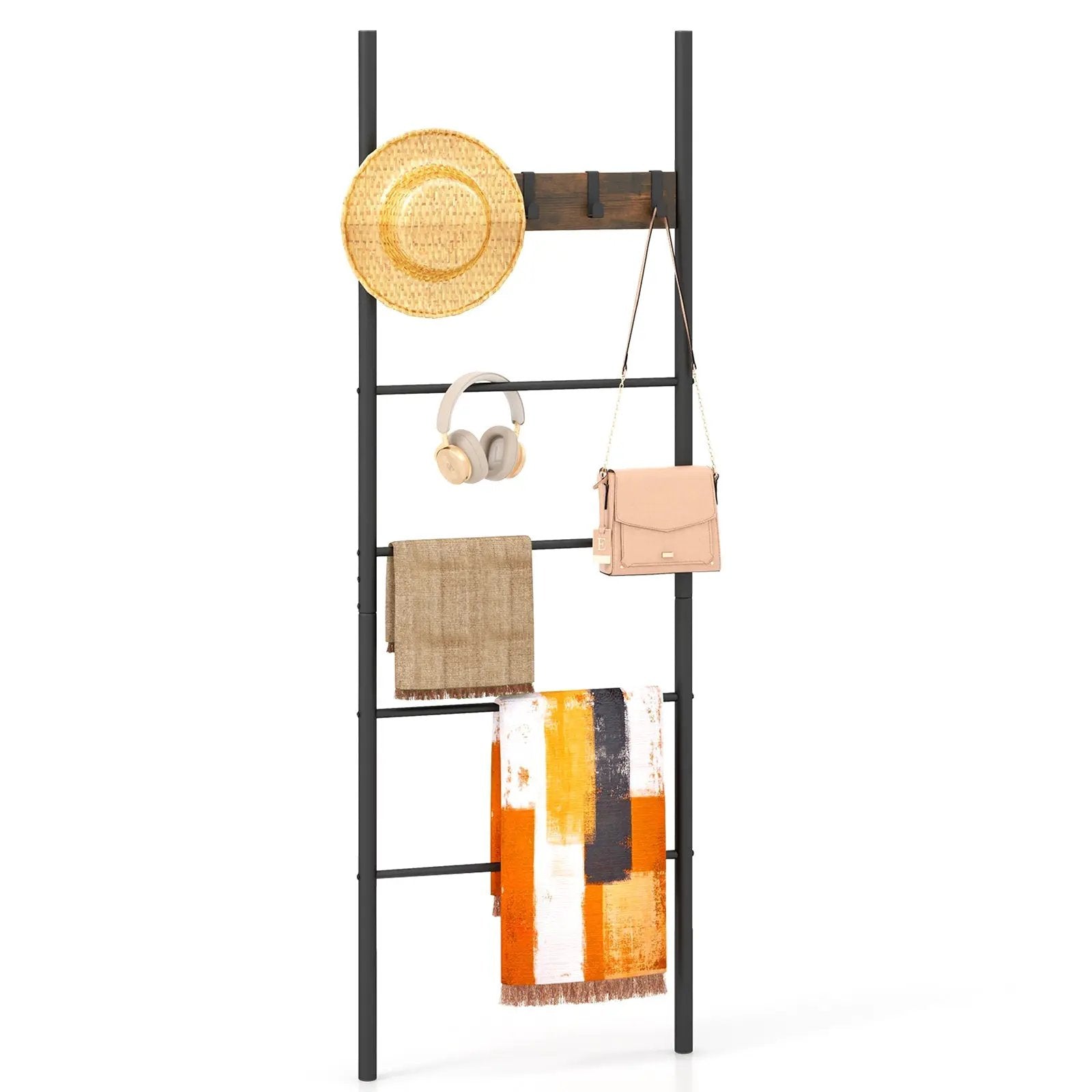Wall-Leaning Decorative Blanket Holder with 5 Removable Hooks by DirectDeals