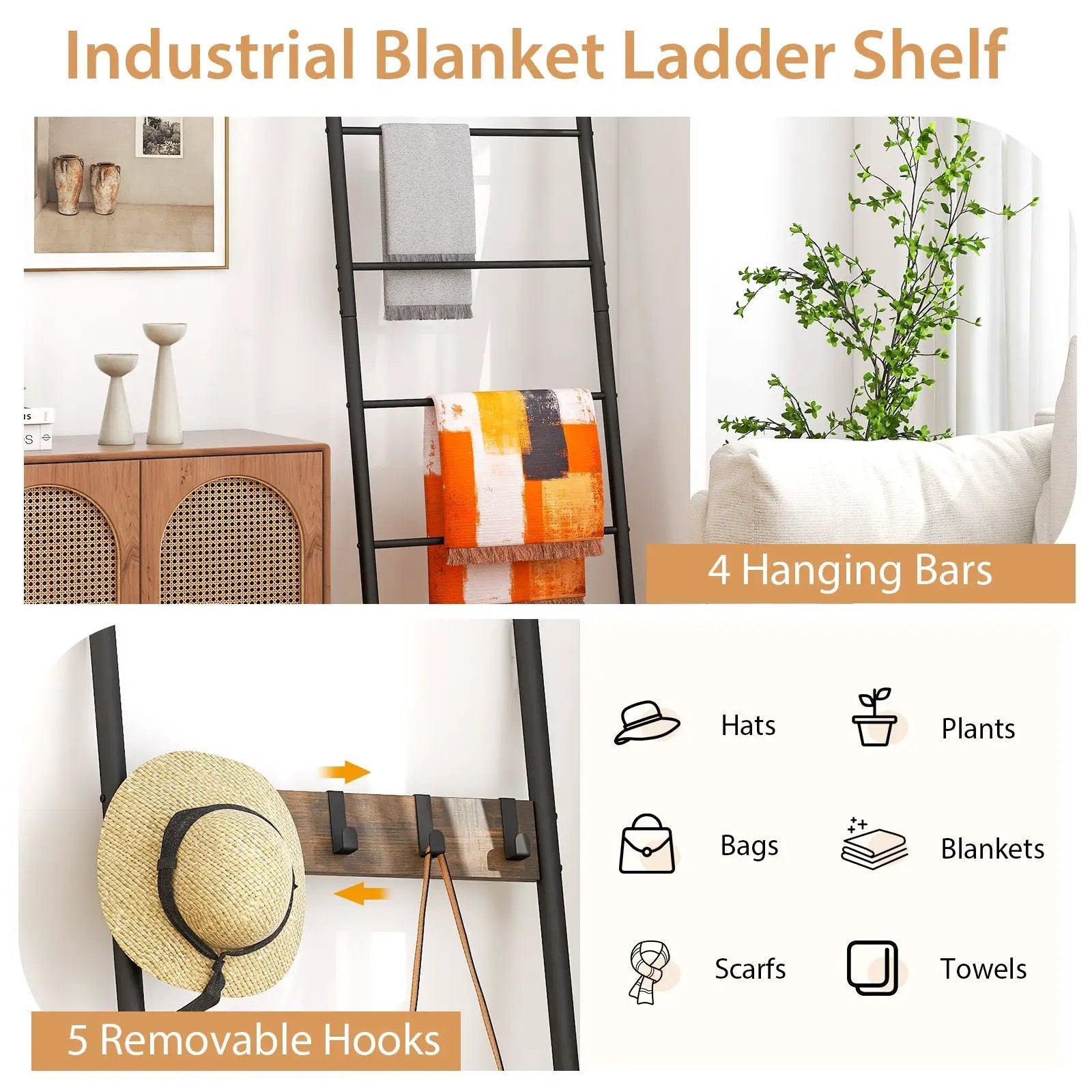 Wall-Leaning Decorative Blanket Holder with 5 Removable Hooks by DirectDeals