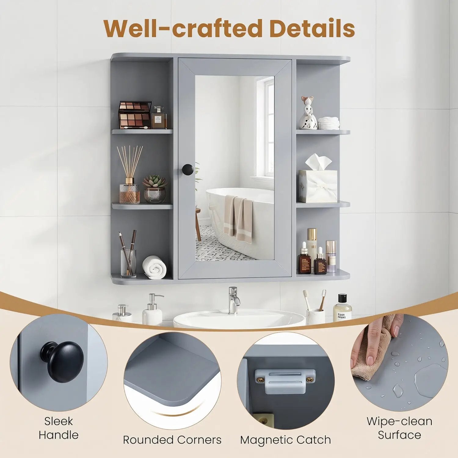 Wall Mounted Bathroom Medicine Cabinet with Mirror - Gray by DirectDeals