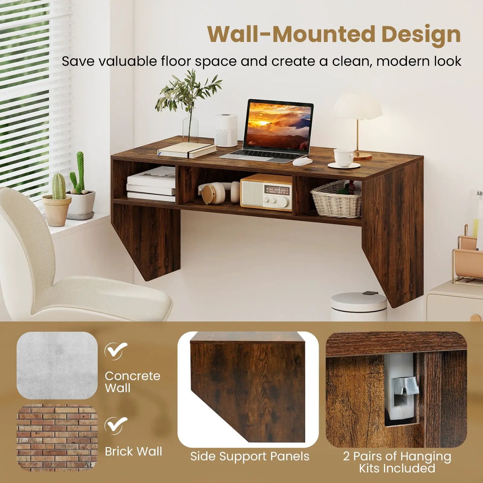 Wall-Mounted Computer Desk Floating Laptop Desk with 3 Storage Compartments by DirectDeals