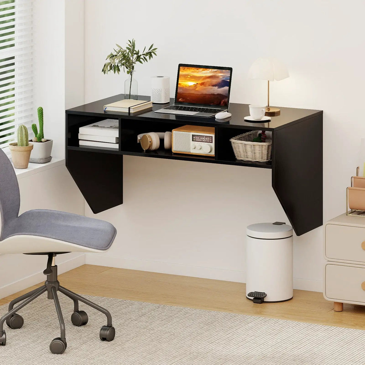 Wall-Mounted Computer Desk Floating Laptop Desk with 3 Storage Compartments, photo 3 of 16