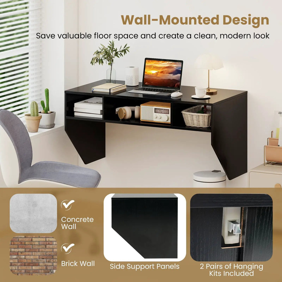 Wall-Mounted Computer Desk Floating Laptop Desk with 3 Storage Compartments, photo 15 of 16