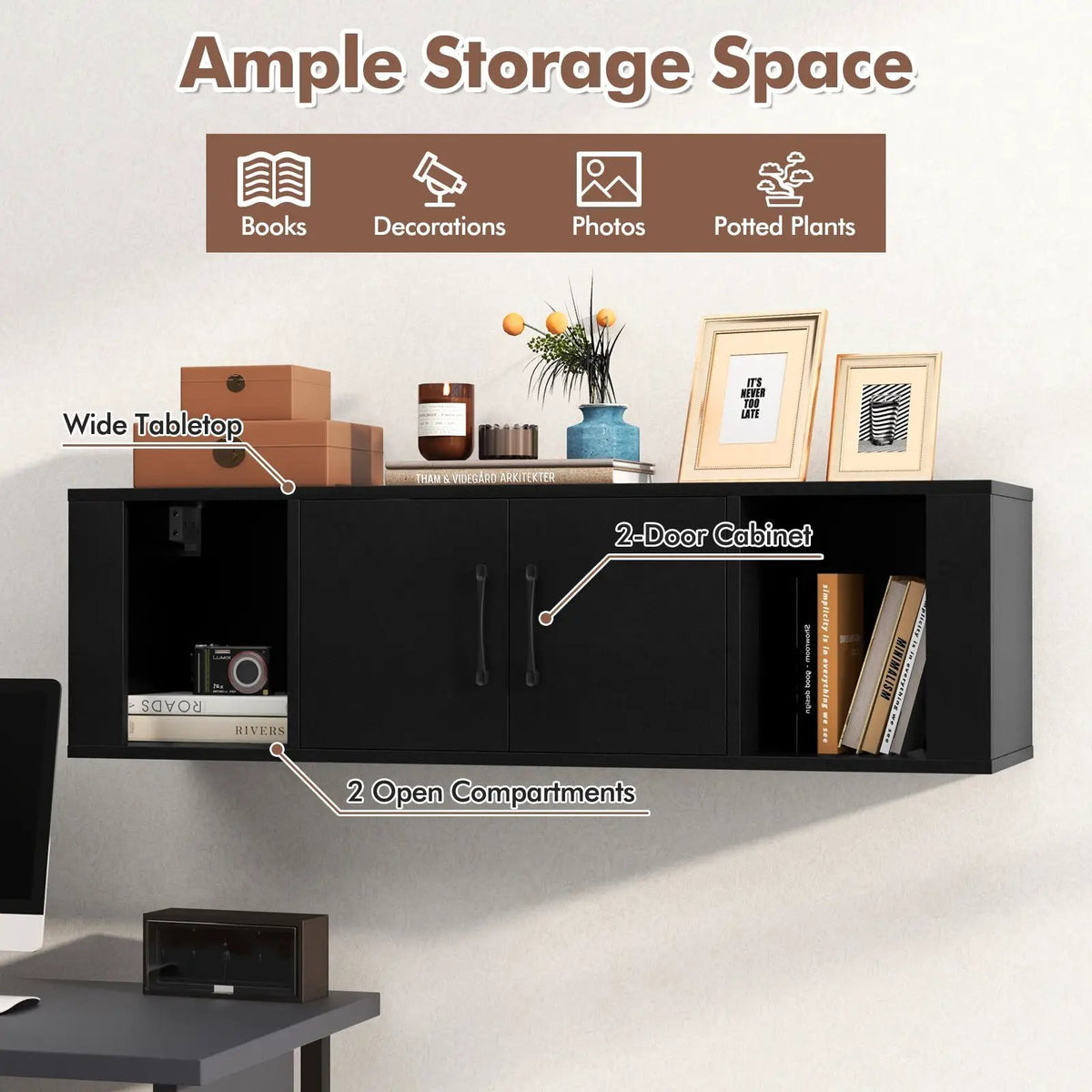 Wall Mounted Floating 2 Door Desk Hutch Storage Shelves, photo 7 of 9